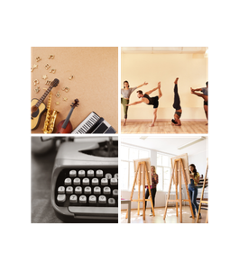 כלי נגינה, רקדנים, דמויות מציירות על קני ציור, מכונת כתיבה