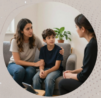 ילד ו2 נשים בשיחה על ספה