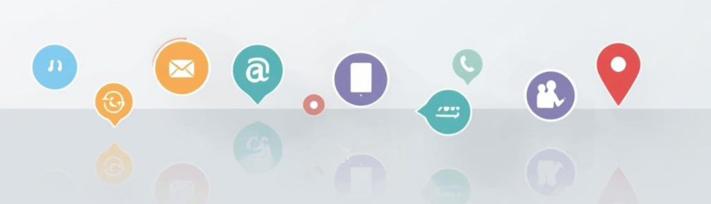 horizontal row of colorful circular contact icons floating