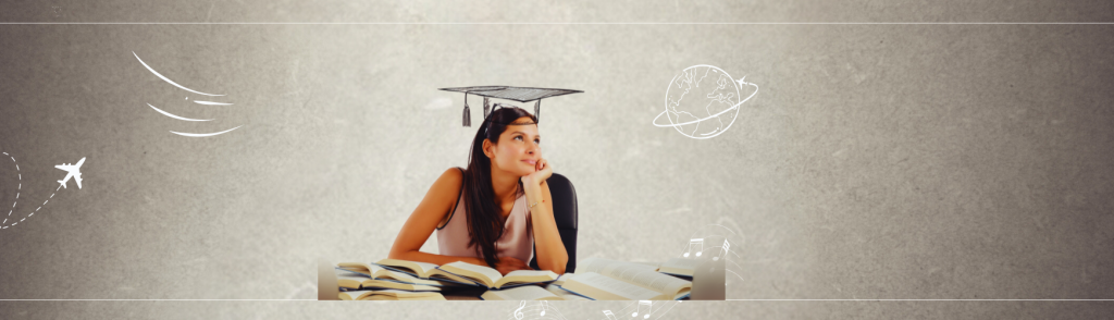 אשה יושבת וחושבת עם איורים של אקדמיה ולמידה