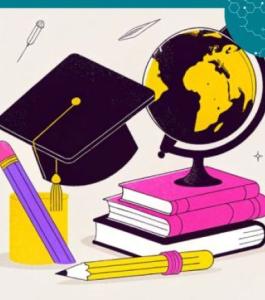 איור של ספרים, גלובוס עפרונות וכובע אקדמיה