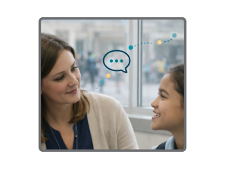 מבוגרת וילדה יושבות אחת מול השנייה עם בועת דיבור בניהן ונקודות