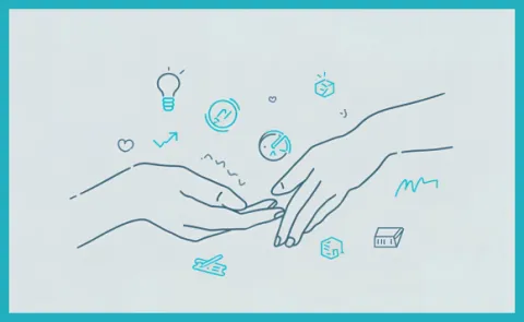 hands touching with educational and supportive icons