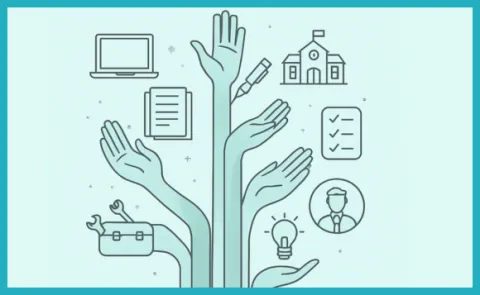 hands with educational icons