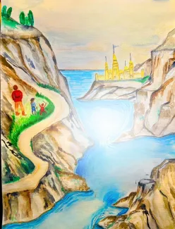 איור של הר וים וארמון קטן