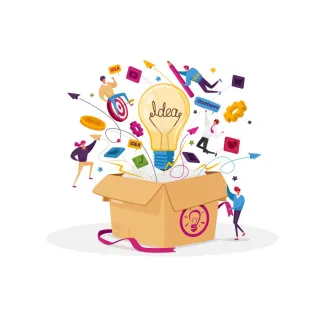 Illustration of a cardboard box filled with creative ideas, including a light bulb, stationery, icons, and small characters, representing outside-the-box thinking.